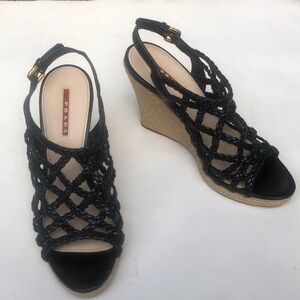 Prada Black Braided Leather Espadrille 4 1/4” Wedge Heel Sandals, Size 8.5 (US)